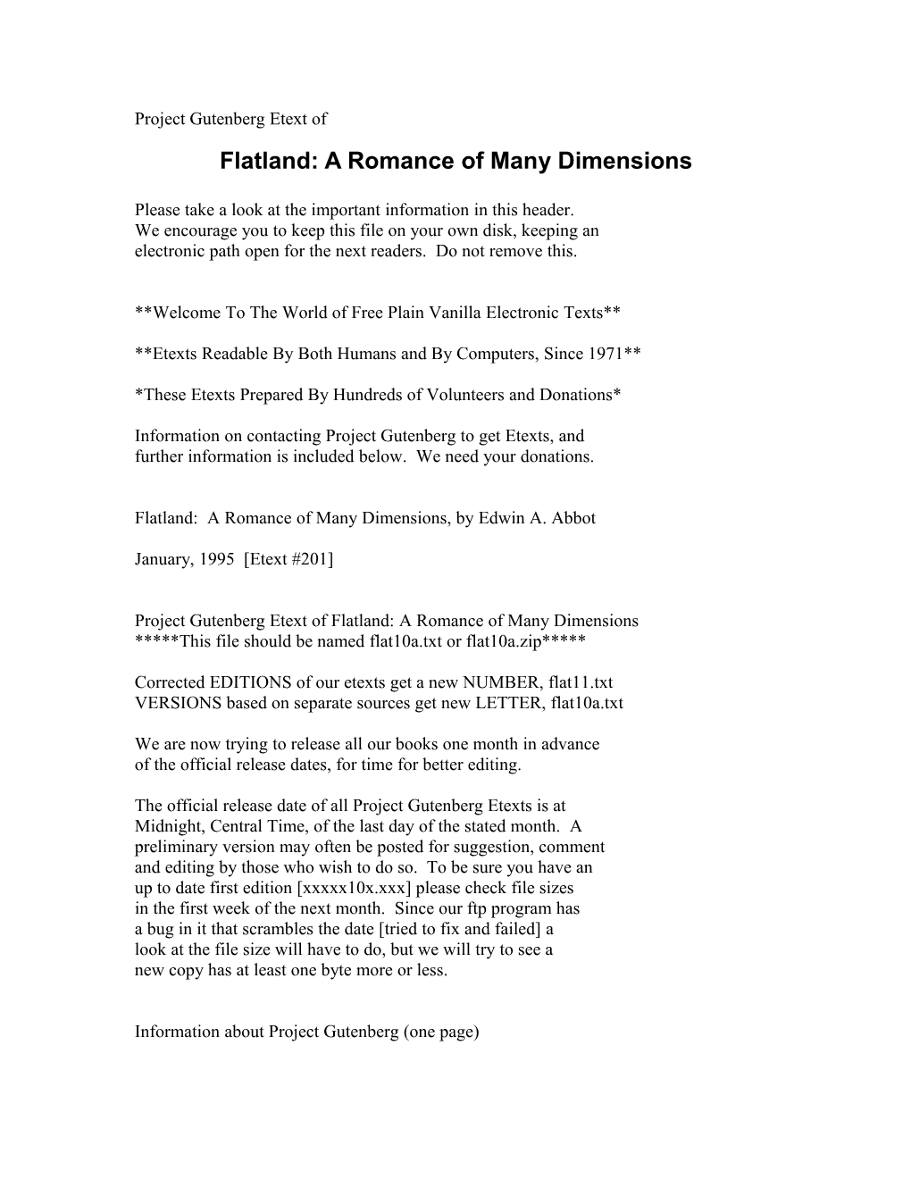 Project Gutenberg Etext of Flatland: a Romance of Many Dimensions