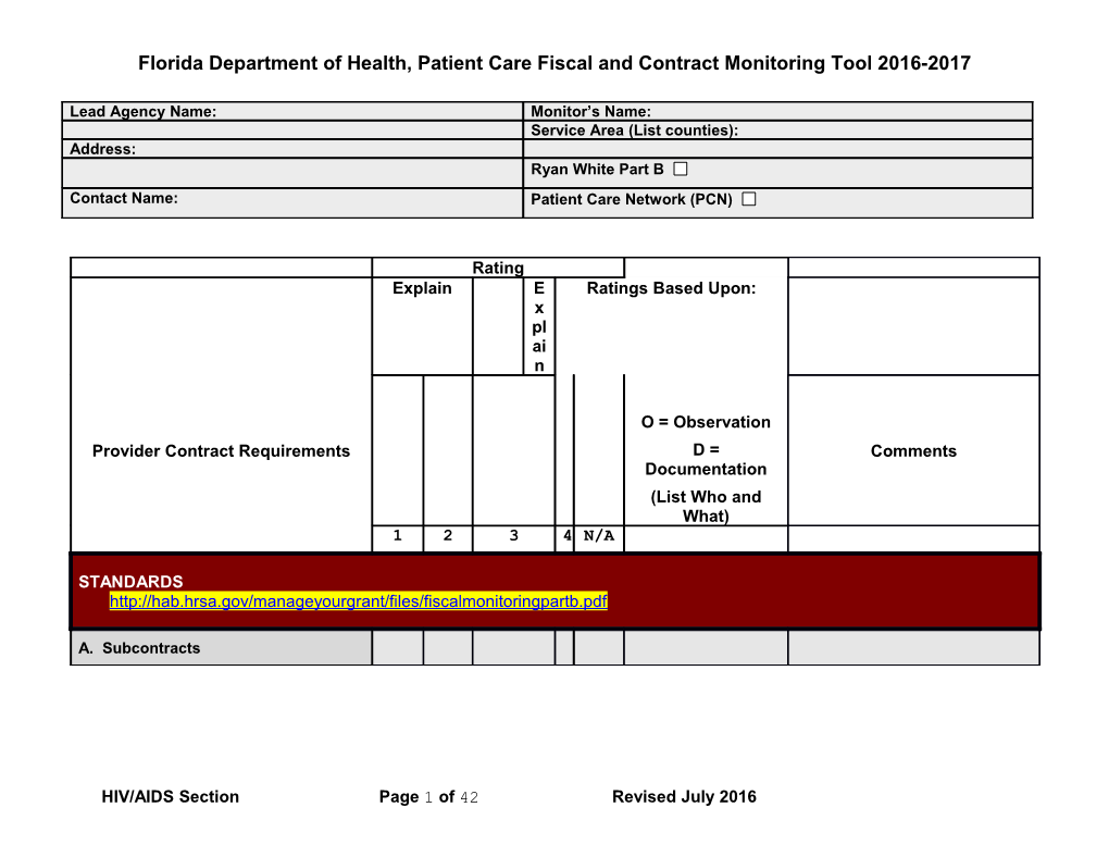 Florida Department of Health, Patient Care Fiscal and Contract Monitoring Tool 2016-2017