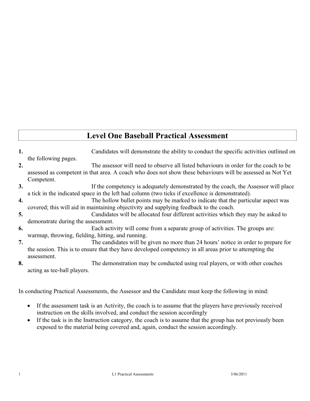 Level One Baseball Practical Assessment