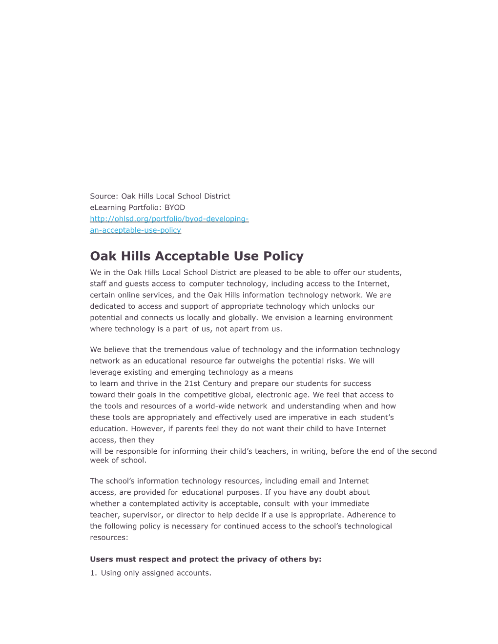 Sample BYOD Acceptable Use Policy