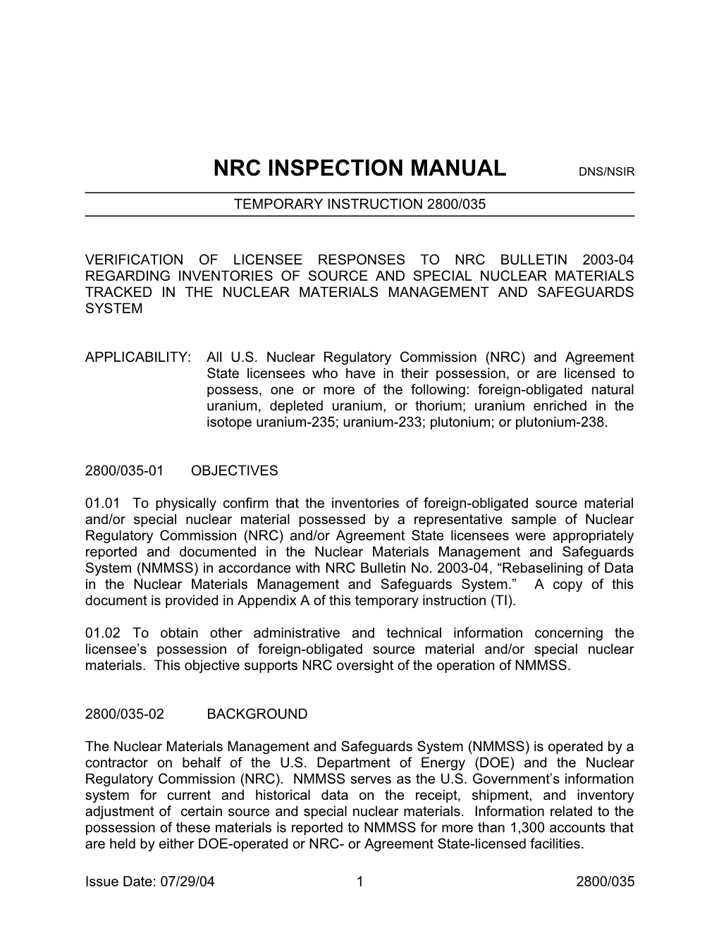 Nrc Inspection Manual Dns/Nsir