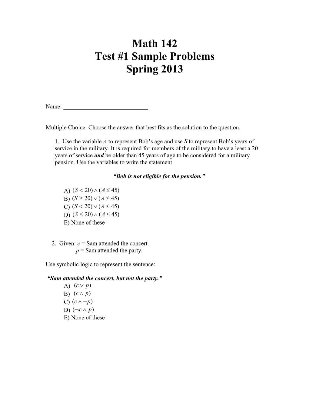 Test #1 Sample Problems