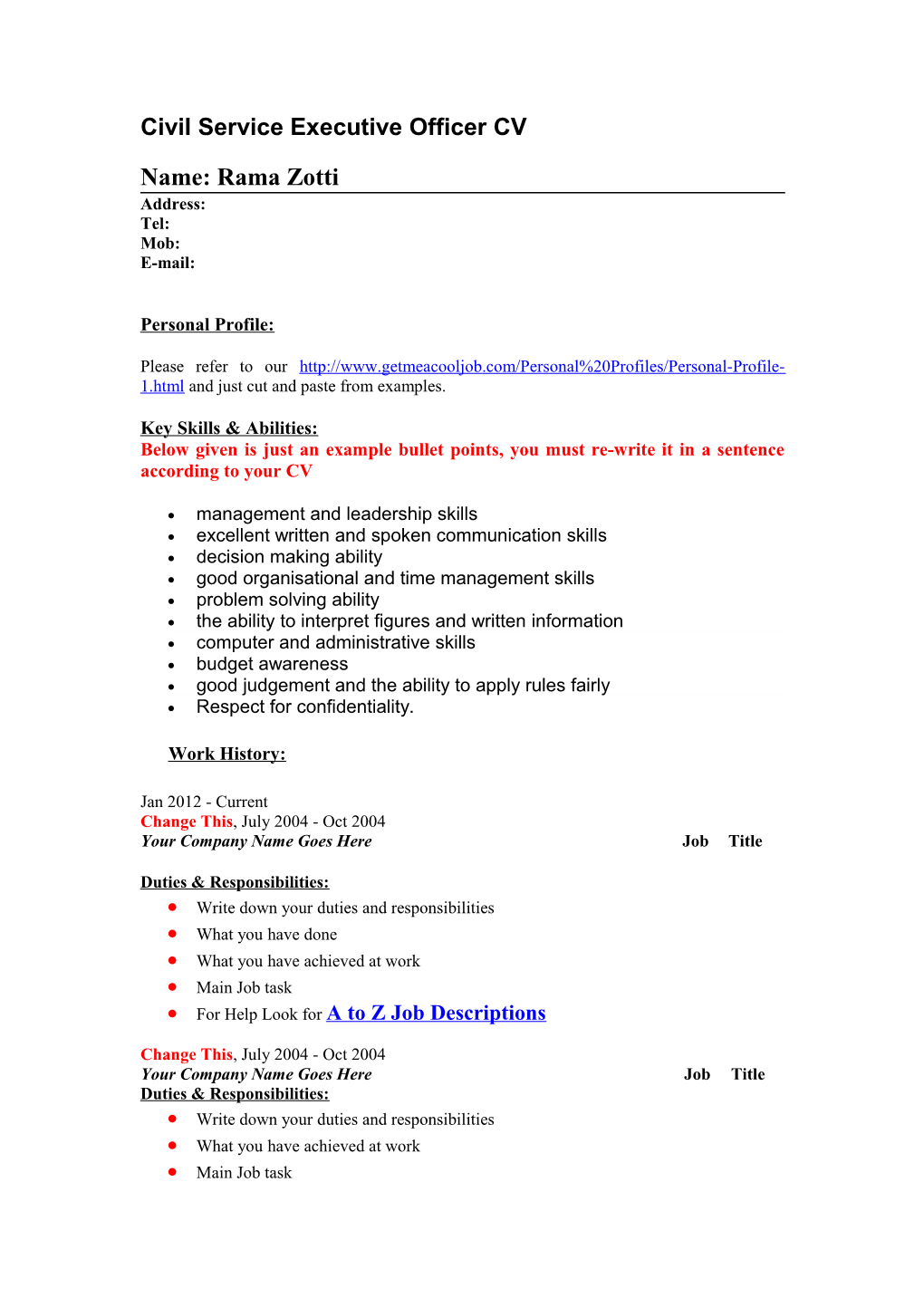 Civil Service Executive Officer Job Descriptions