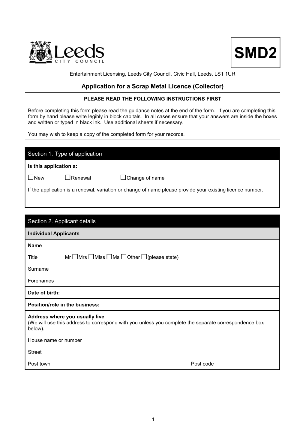 SMD2 - Collectors Scrap Metal Dealers Licence Form