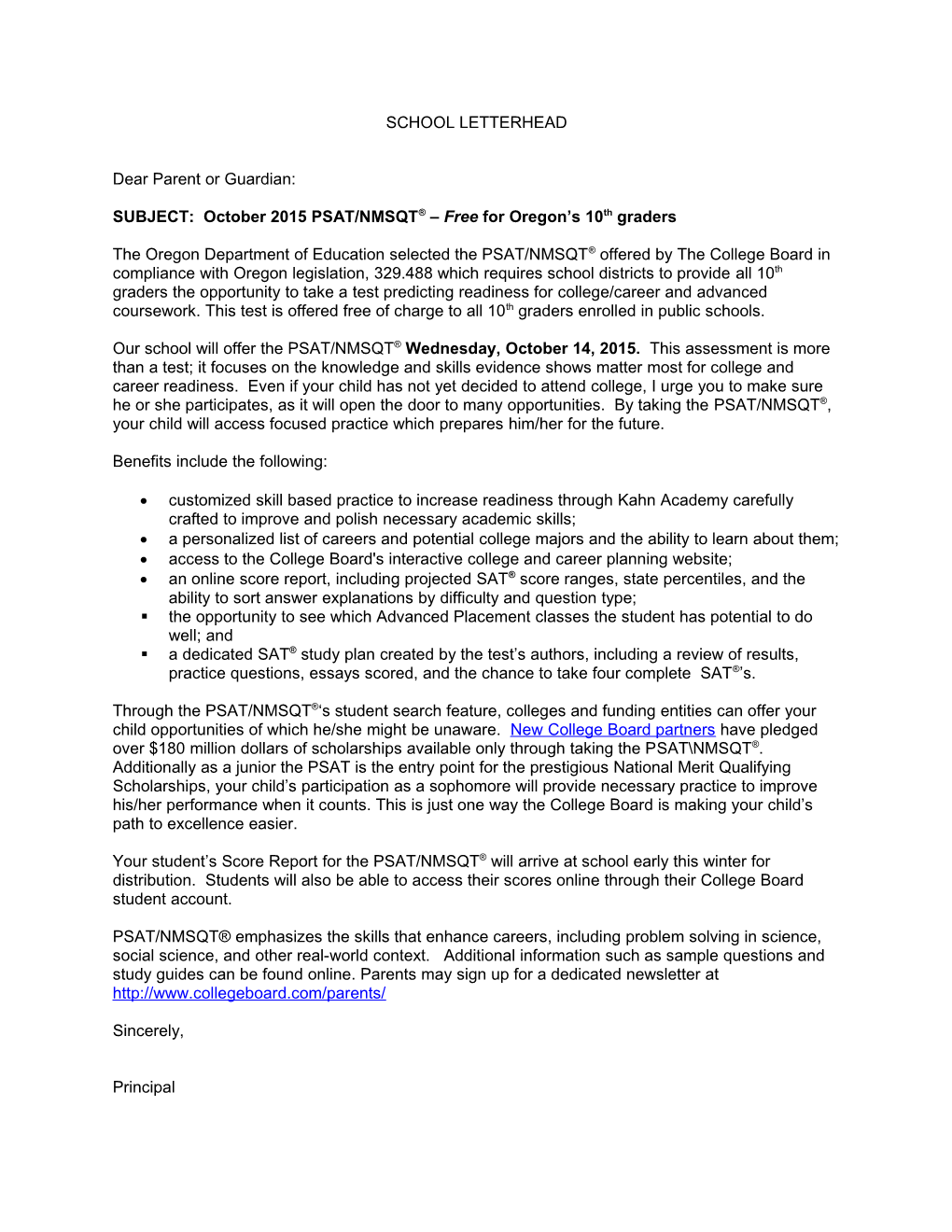 2015 PSAT/NMSQT Sample Parent Letter