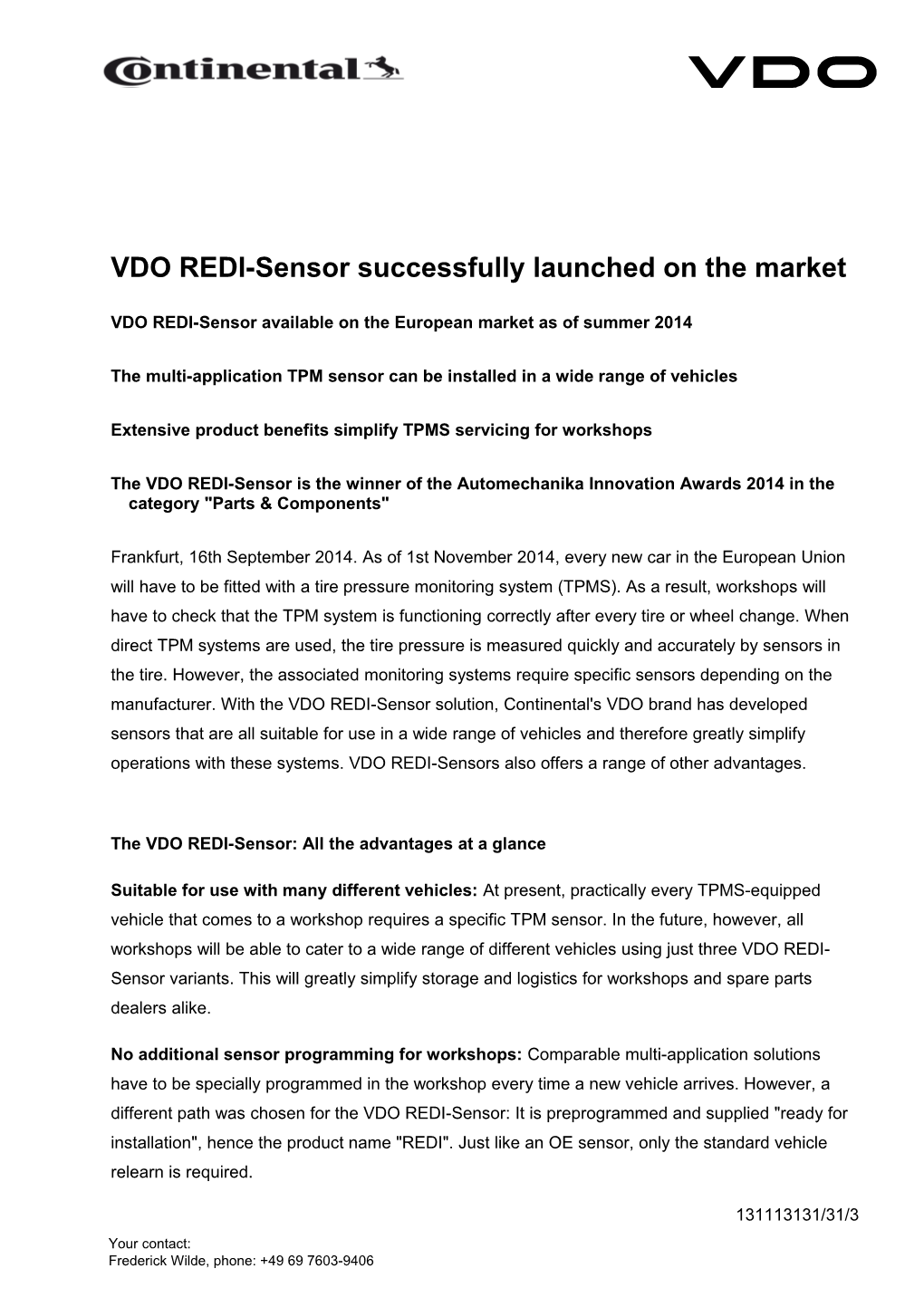 VDO REDI-Sensor Successfully Launched on the Market