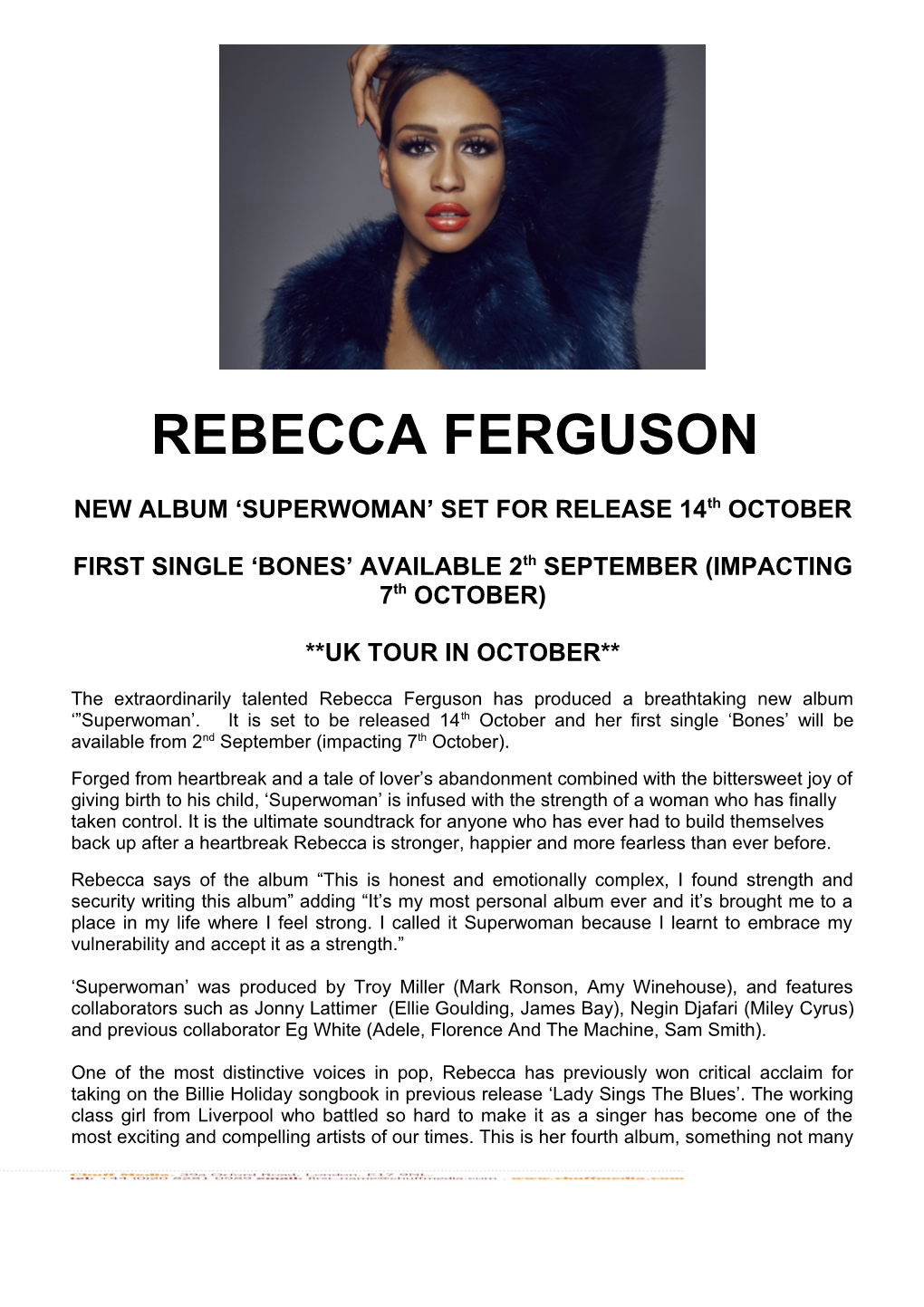 NEW ALBUM SUPERWOMAN SET for RELEASE 14Th OCTOBER