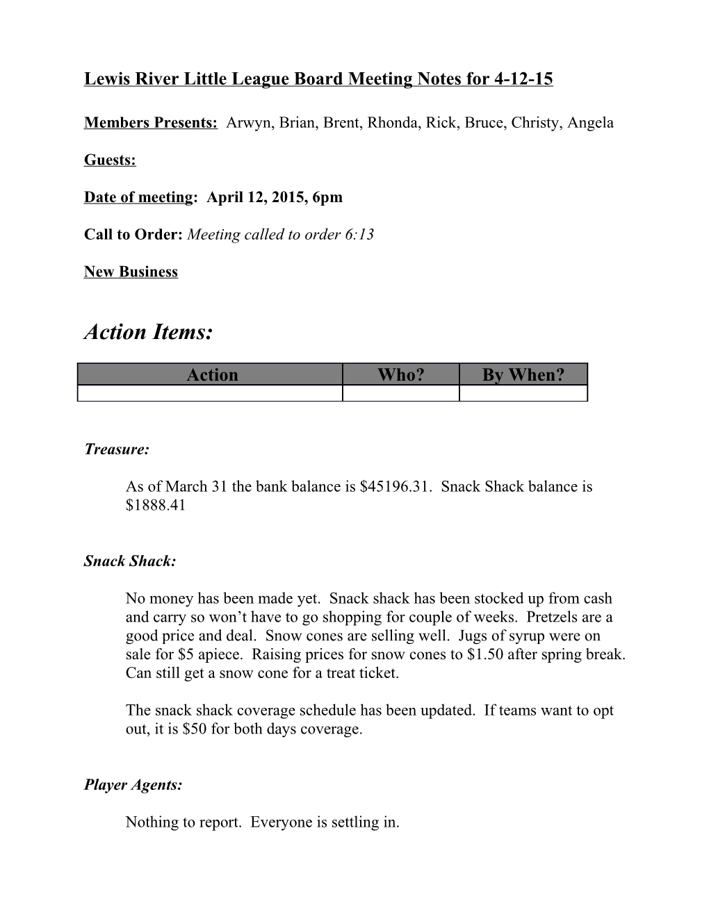 Lewis River Little League Board Meeting Notes for 4-12-15