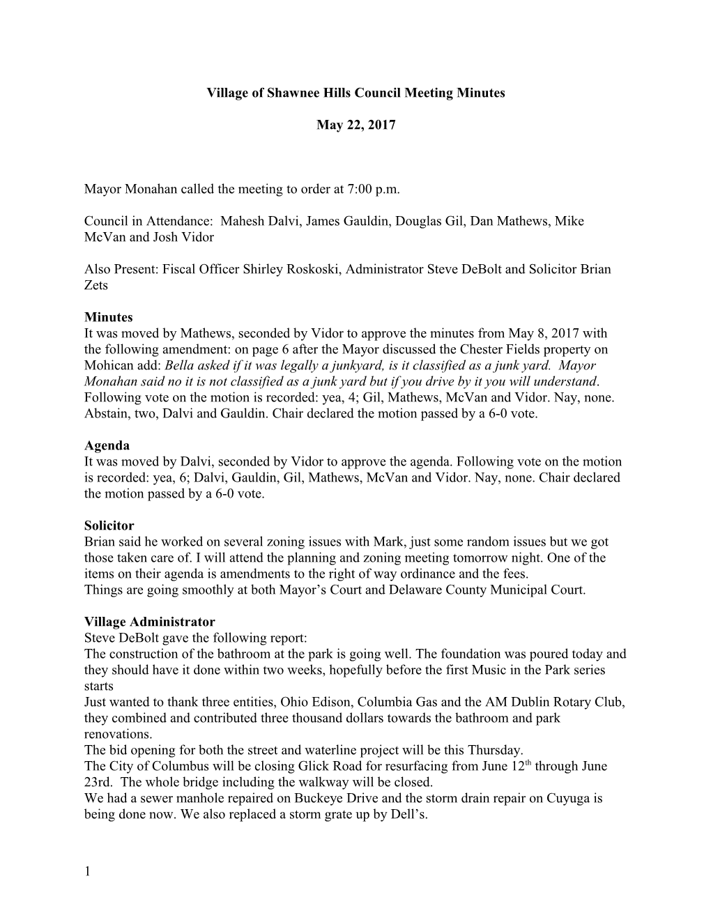 Village of Shawnee Hills Council Meeting Minutes