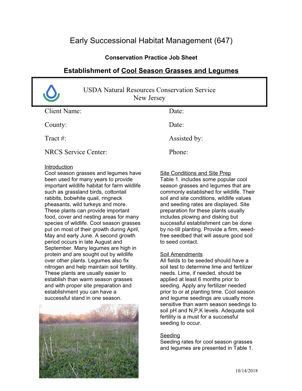 Early Successional Habitat Management (647) Job Sheet