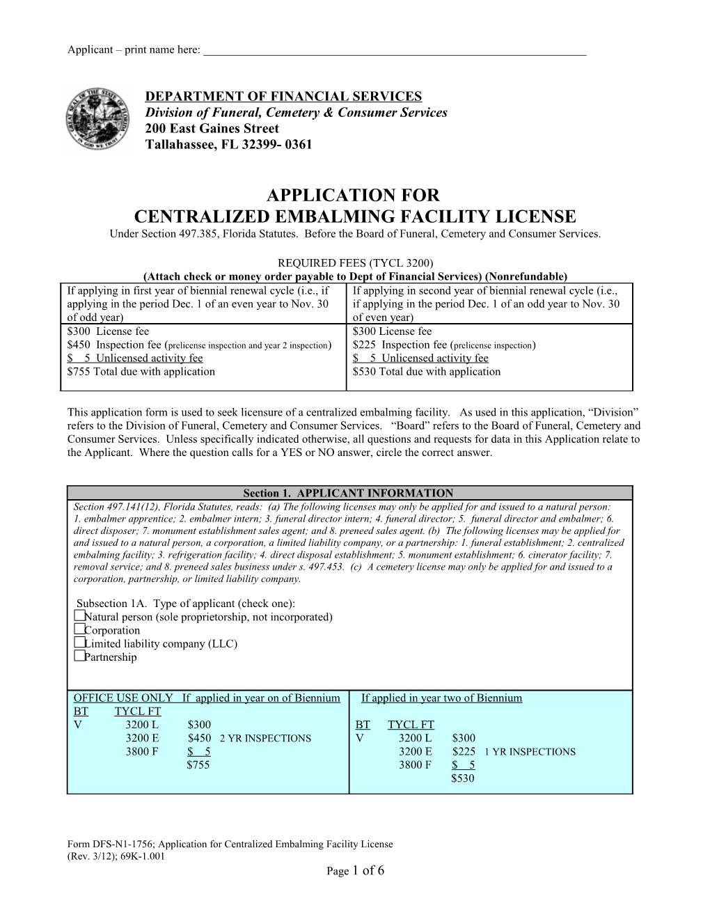 Application for Centralized Embalming Facility License