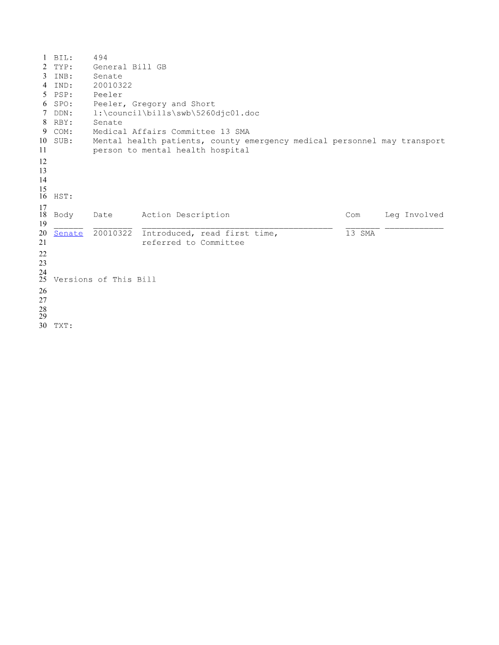 2001-2002 Bill 494: Mental Health Patients, County Emergency Medical Personnel May Transport