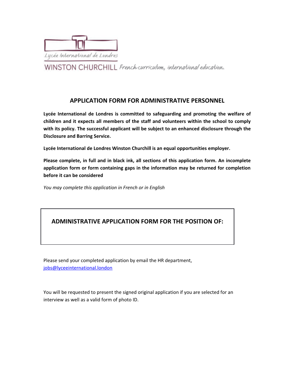 Application Form for Administrative Personnel