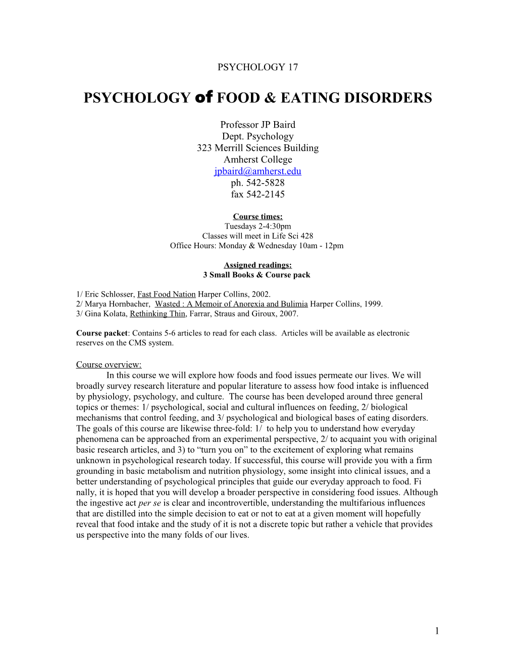 PSYCHOLOGY of FOOD & EATING DISORDERS