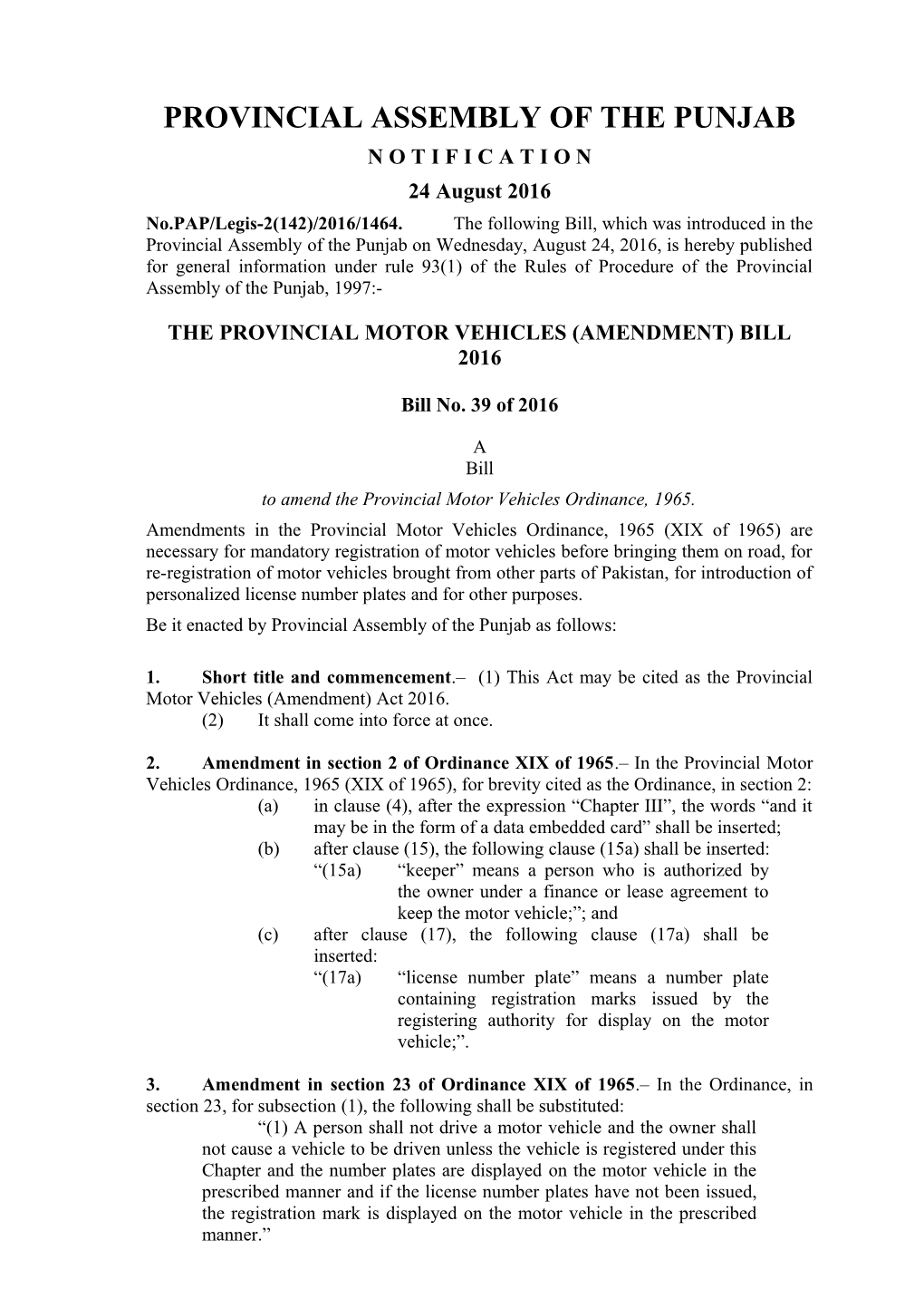 Motor Vehicle Amendment Bill 2016: 1.8.2016