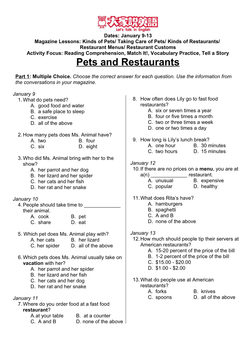 Magazine Lessons: Kinds of Pets/ Taking Care of Pets/ Kinds of Restaurants