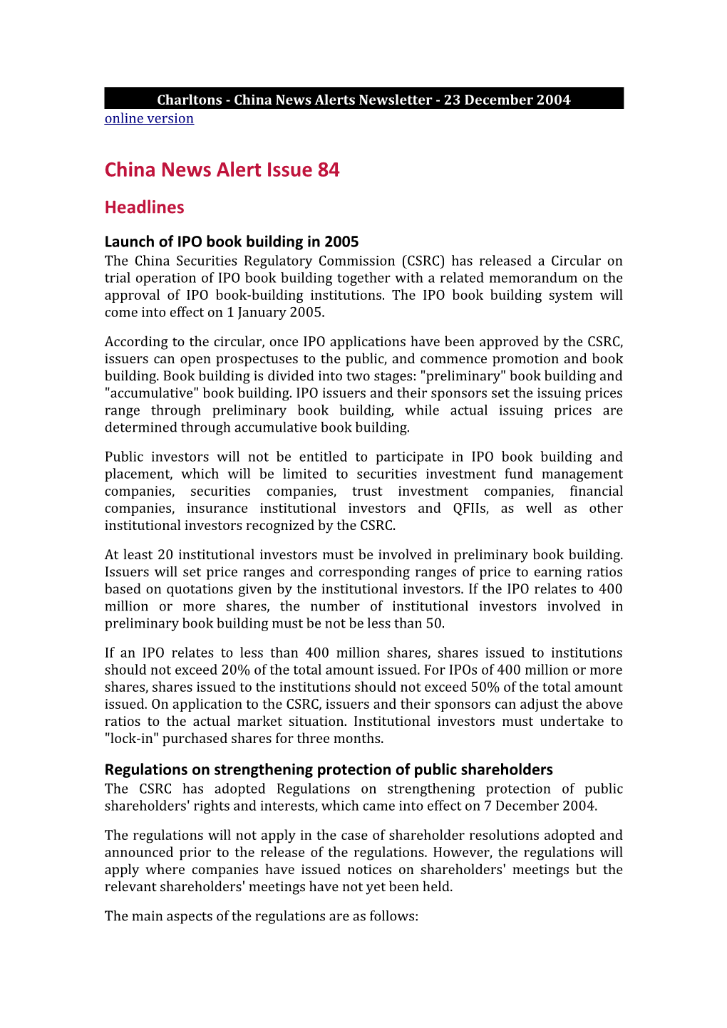 Charltons - China News Alerts Newsletter - 23 December 2004