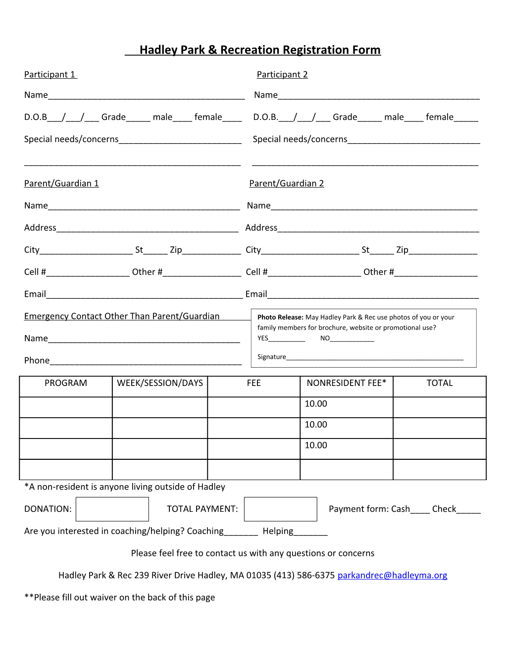 Hadley Park & Recreation Registration Form