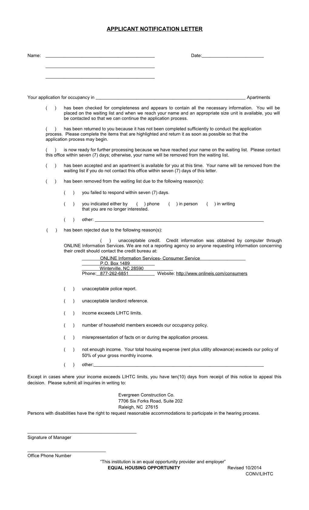 Applicant Notification Letter