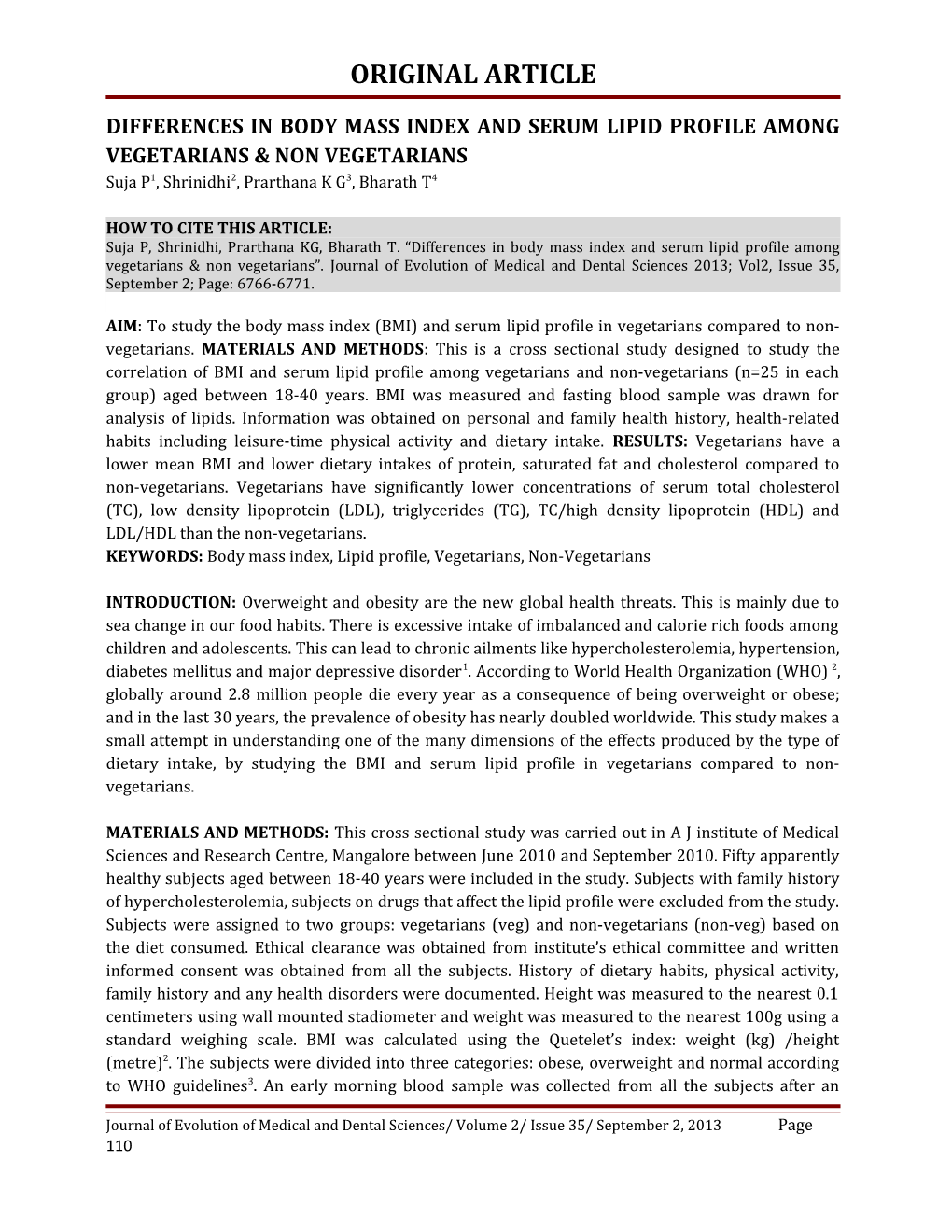 Differences in Body Mass Index and Serum Lipid Profile Among Vegetarians & Non Vegetarians