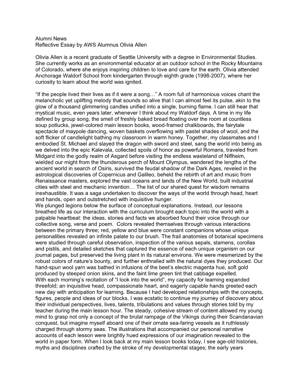 Reflective Essay by AWS Alumnus Olivia Allen
