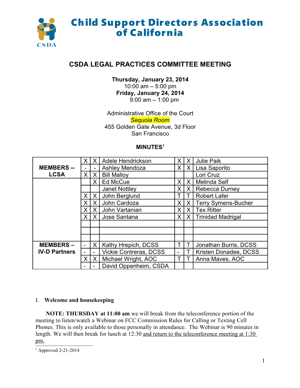 Csda Legal Practices Committee Meeting