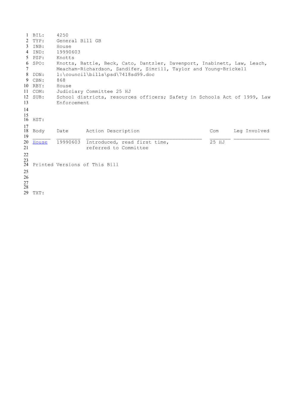 1999-2000 Bill 4250: School Districts, Resources Officers; Safety in Schools Act of 1999