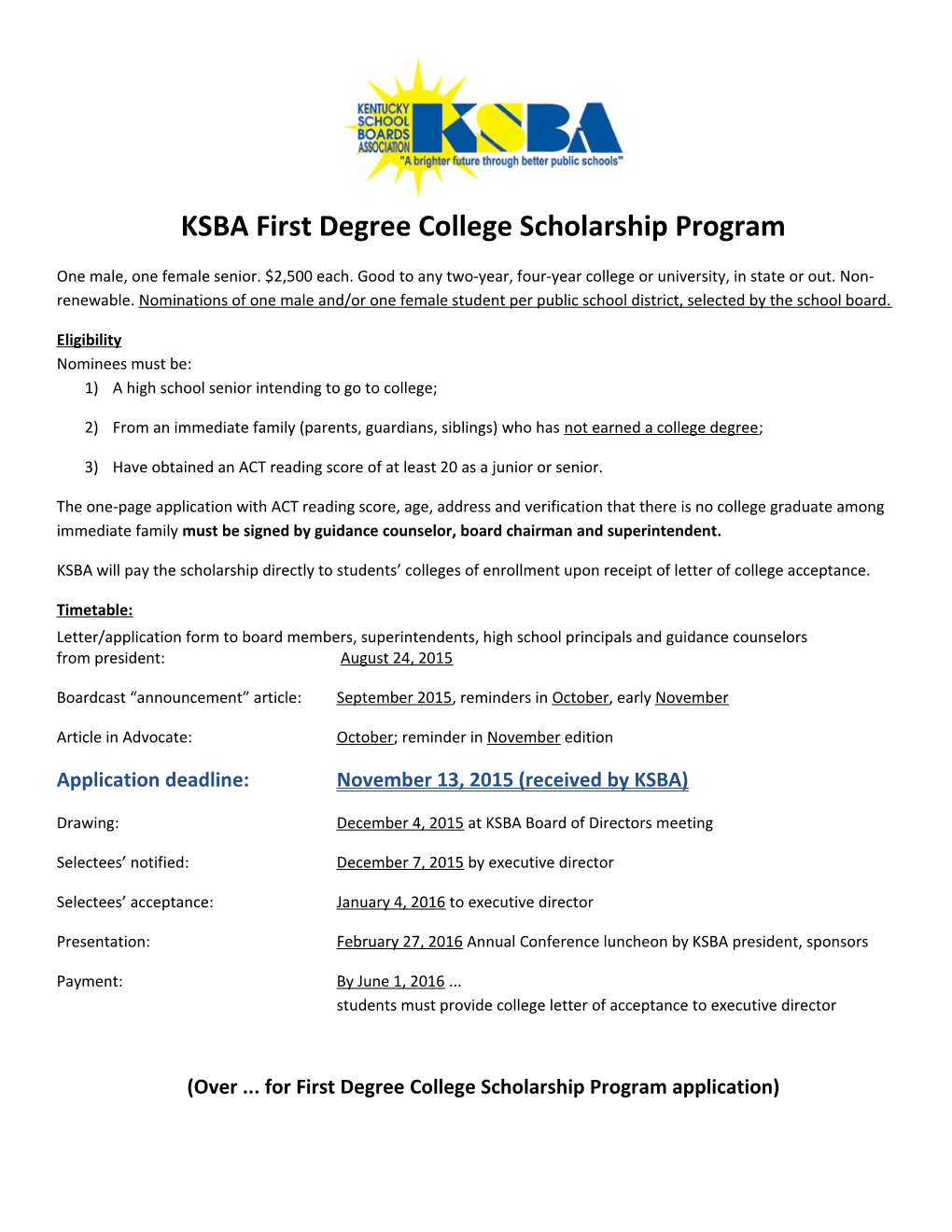 KSBA First Degree College Scholarship Program