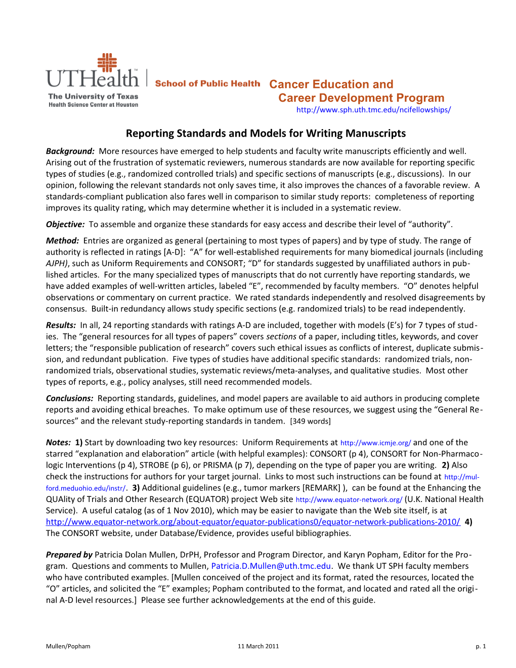 Reporting Standards and Modelsfor Writing Manuscripts