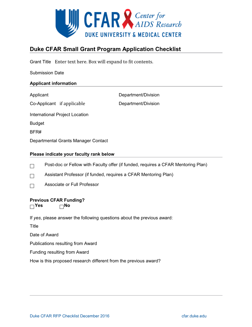 Duke CFAR Small Grant Program Application Checklist