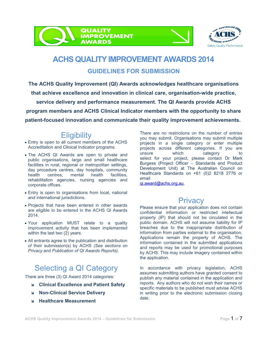 Achs Quality Improvement Awards 2014