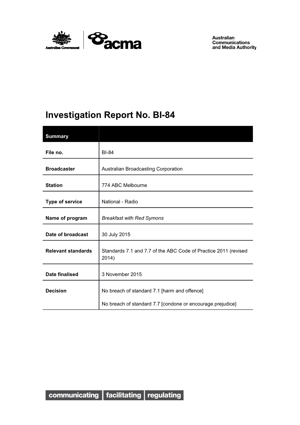 Investigation Report No. BI-84