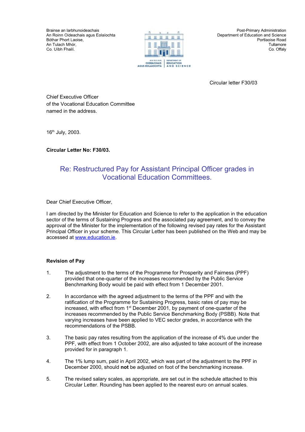 Post Primary Circular F30/03 Restructured Pay for Assistant Principal Officer Grades In