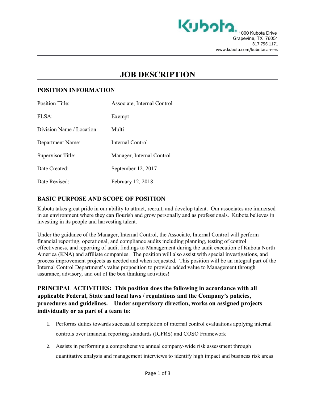 Kubota Associate Internal Control Position