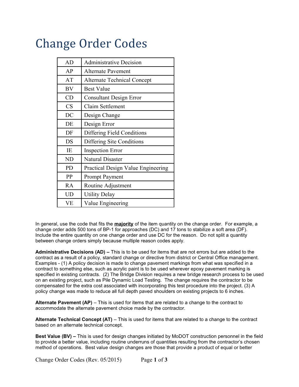 Change Order Codes