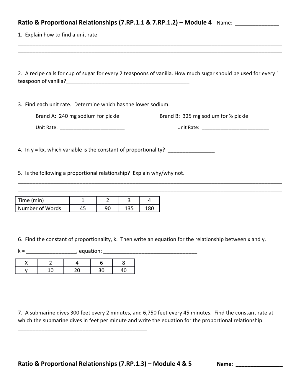 Ratio & Proportional Relationships (7.RP.1.1 & 7.RP.1.2) Module 4 Name: ______