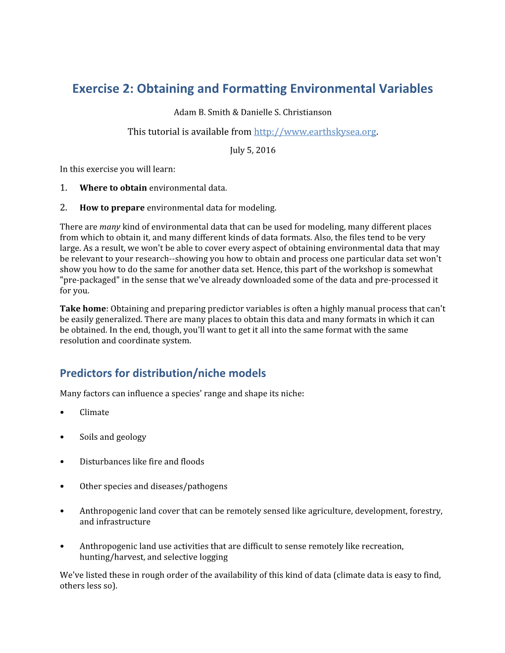 Exercise 2: Obtaining and Formatting Environmental Variables