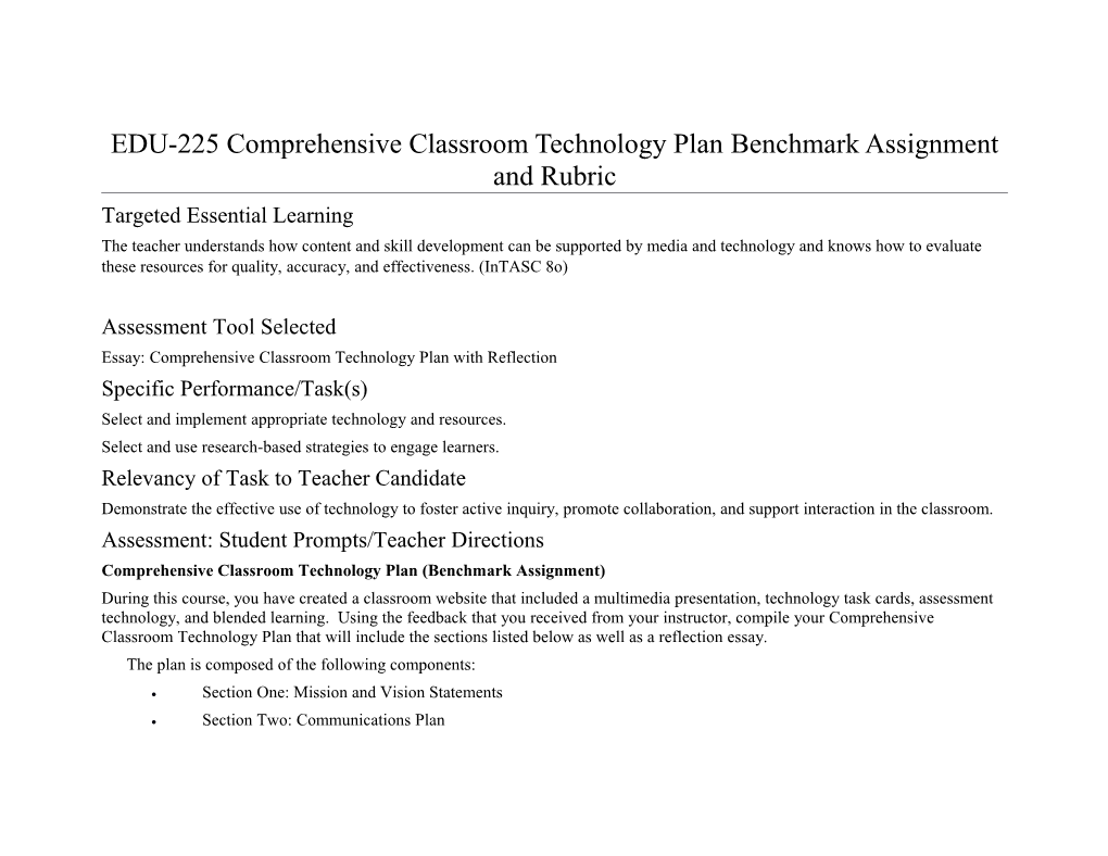 EDU-225Comprehensive Classroom Technology Planbenchmark Assignment and Rubric