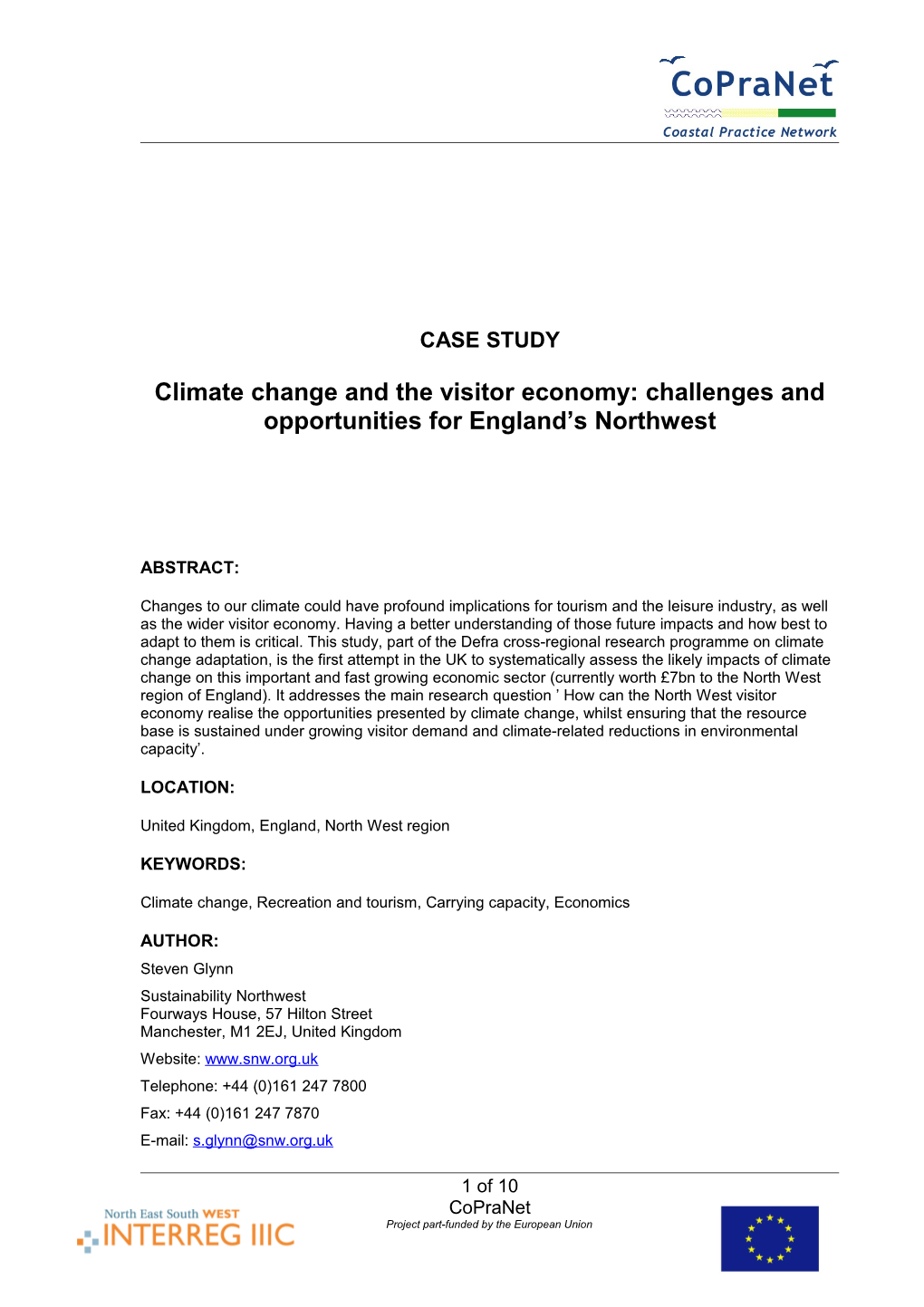 Climate Change and the Visitor Economy: Challenges and Opportunities for England S Northwest