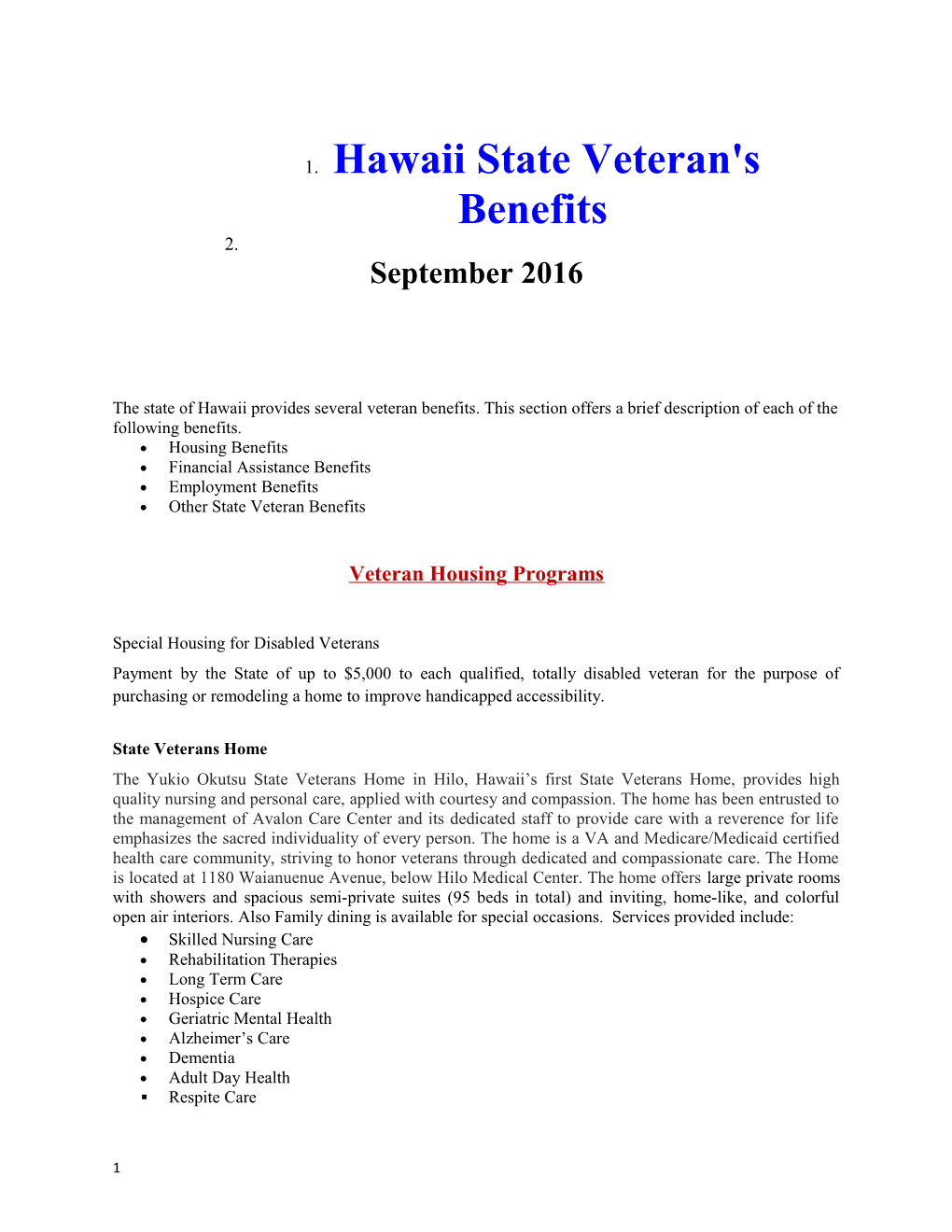 Hawaii State Veteran's Benefits