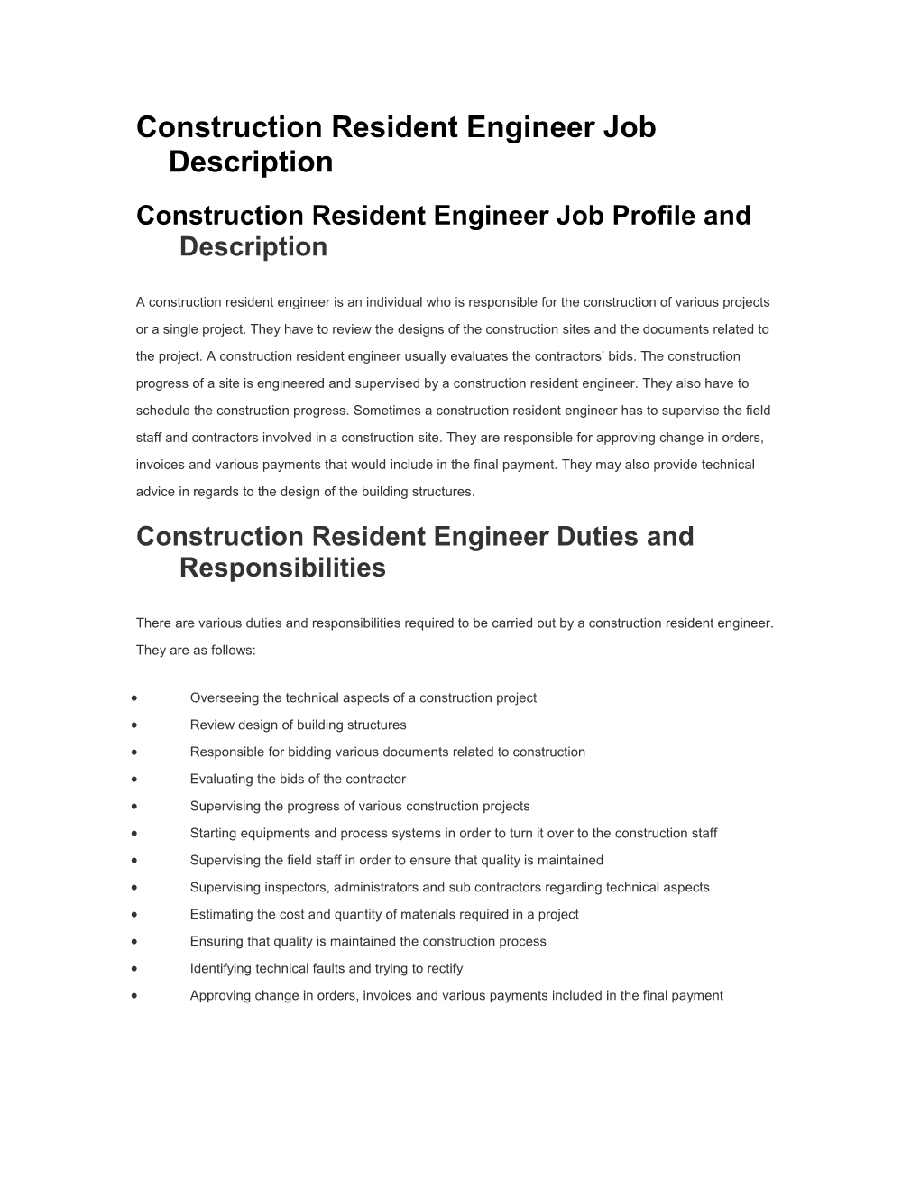 Construction Resident Engineer Job Description