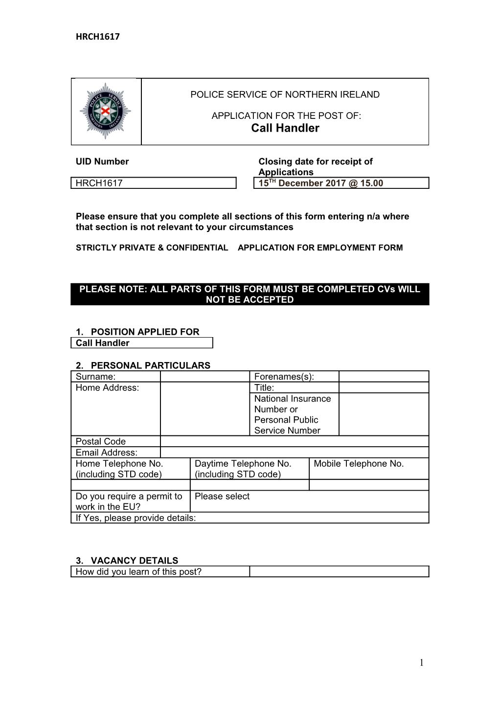 Strictly Private & Confidential Application for Employment Form