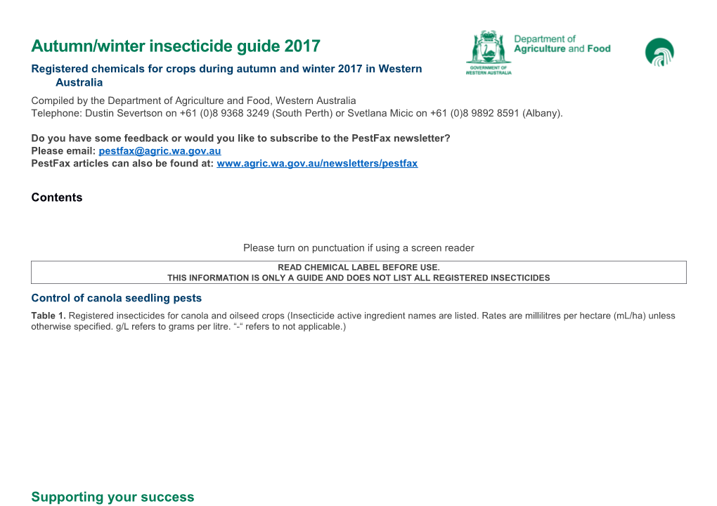 Registered Chemicals for Crops During Autumn and Winter 2017 in Western Australia