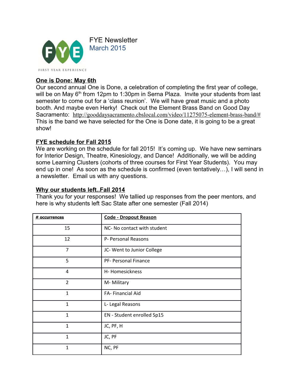 FYE Schedule for Fall 2015