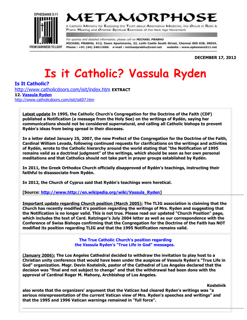 Is It Catholic?Vassula Ryden