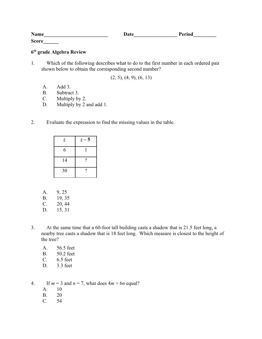 6Th Grade Algebra Review