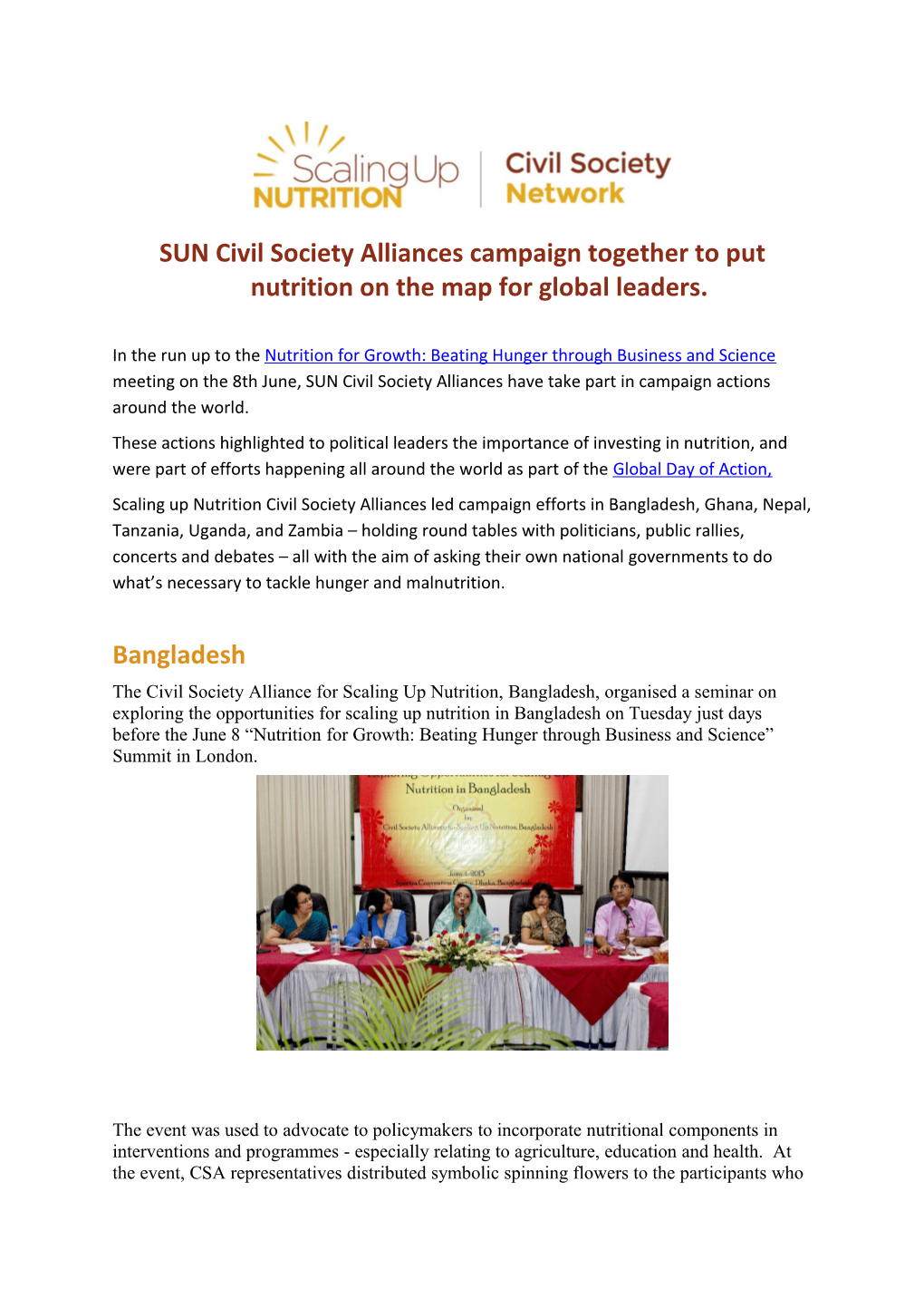SUN Civil Society Alliances Campaign Together to Put Nutrition on the Map for Global Leaders