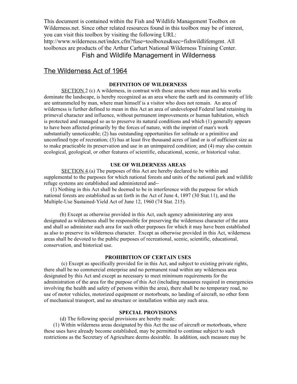 Fish and Wildlife Management in Wilderness