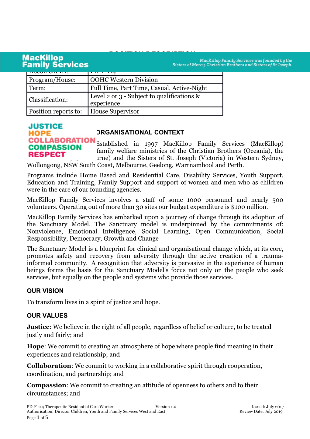 PD-F-114 Therapeutic Residential Care Worker Position Description
