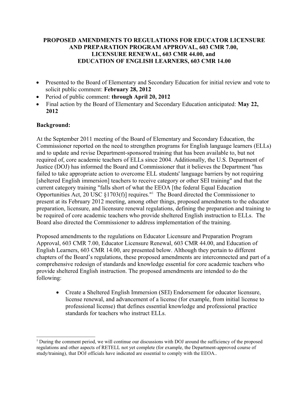 Proposed Amendments to Regulations for Educator Licensure and Preparation Program Approval